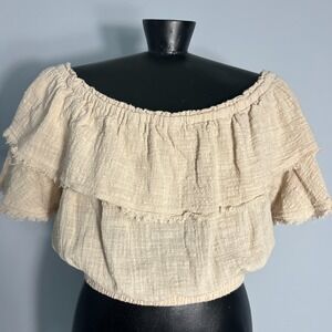 Talulah Women's Boho Oatmeal Beige Off Shoulder Linen Blend Crop Shirt Size L